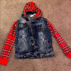 Jean jacket w plaid sleeves and hoodie